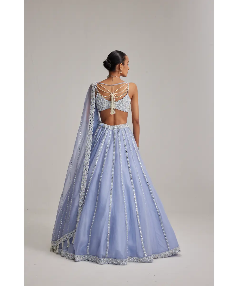 VVANIVATS- Dew Blue linear Mirror Organza Lehenga Set